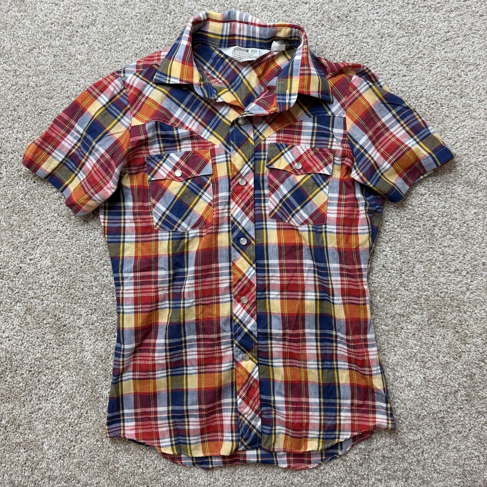 Vintage 70s Montgomery Ward Shirt Girls 16 Plaid Short Sleeve Button Up